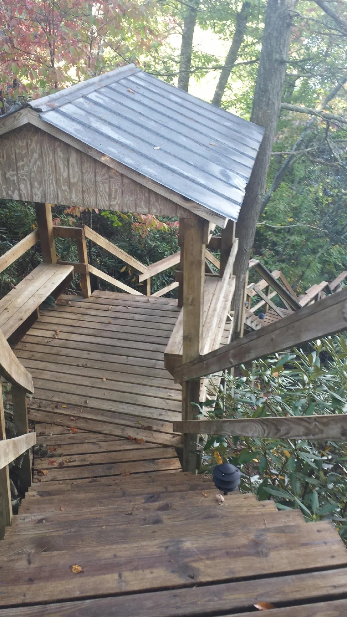 Metal roofed shelter over wooden steps on a wooded walkway — Skylight Repair & Installation work by our crew in Selma